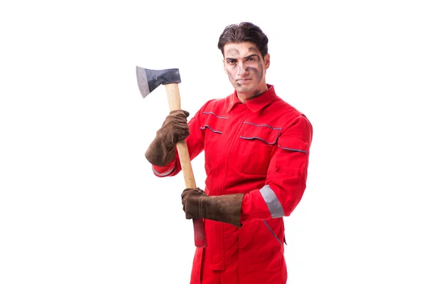 Contractor employee with axe on white background — Stock Photo, Image
