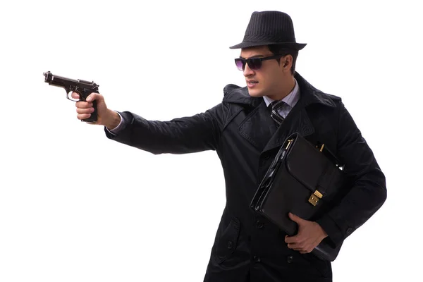 Uomo spia con pistola isolata su sfondo bianco — Foto Stock