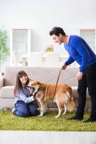 Szczęśliwa rodzina z psem golden retriever — Zdjęcie stockowe