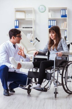 Erkek doktor tekerlekli sandalyedeki kadın hastayı muayene ediyor.