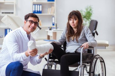 Erkek doktor tekerlekli sandalyedeki kadın hastayı muayene ediyor.