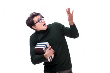 Nerd young student with books isolated on white clipart