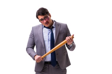 Beyzbol sopalı bir iş adamı beyazda izole edilmiş.