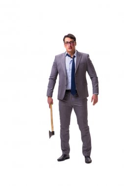 Baltalı kızgın işadamı beyazın üstünde.