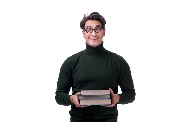 Nerd junge Studentin mit Büchern auf Weiß — Stockfoto