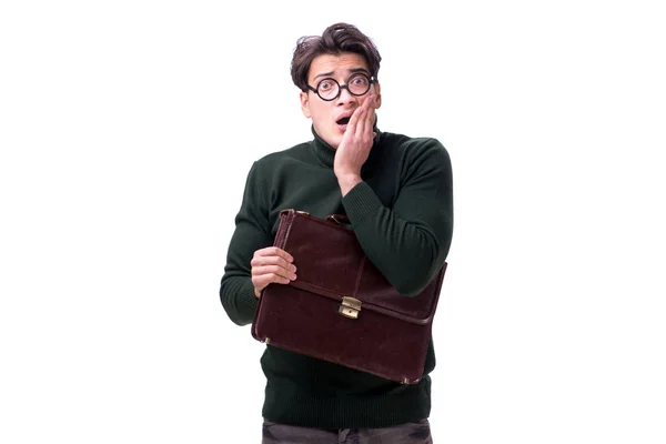 Empresario nerd con maletín aislado en blanco — Foto de Stock
