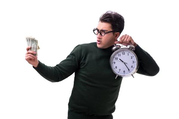Nerd νεαρός άνδρας με το ρολόι και τα χρήματα που απομονώνονται σε λευκό — Φωτογραφία Αρχείου