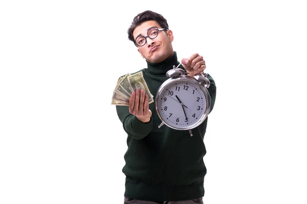 Nerd junger Mann mit Uhr und Geld isoliert auf weiß — Stockfoto