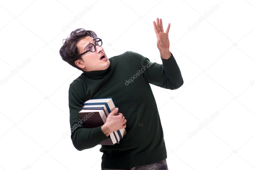 Nerd young student with books isolated on white