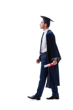 Öğrenci üzerinde beyaz izole onun mezuniyet töreninde heyecanlı