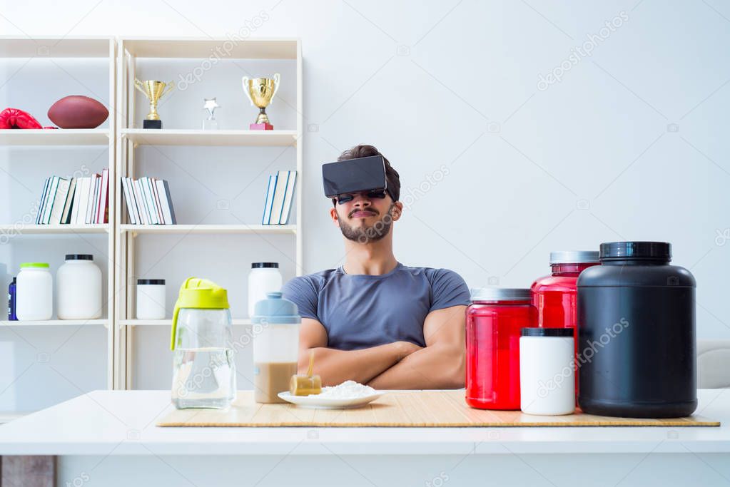 Man with nutrition jars and virtual reality glasses
