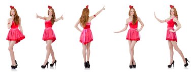 Mini pembe elbiseli, beyaz tenli güzel bir manken.