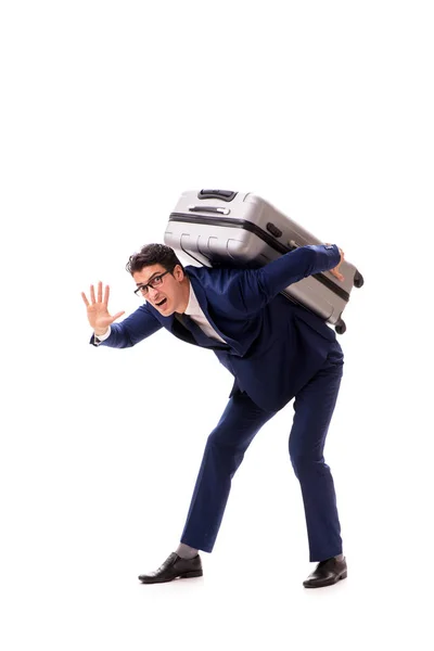 Uomo d'affari di fronte alle spese in eccesso a causa di valigia pesante — Foto Stock