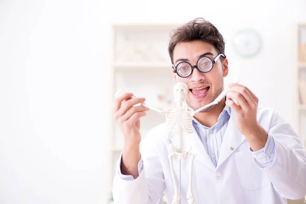 Médico loco estudiando esqueleto humano — Foto de Stock