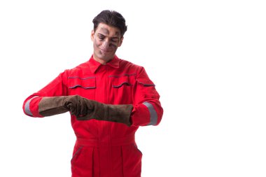 Müteahhit çalışan beyaz arkaplanda izole edildi