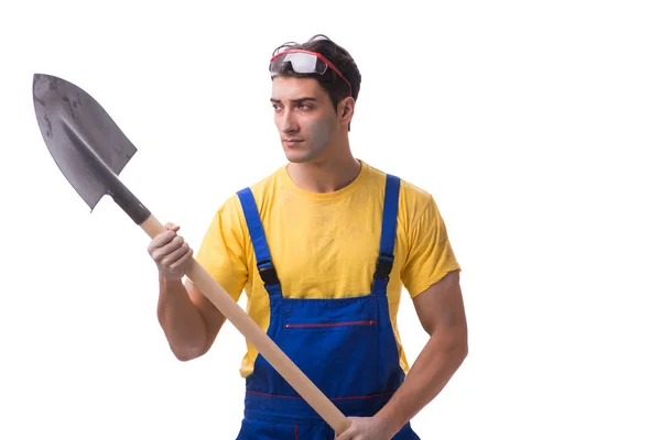 Entreprenör i blå overaller med spade på vit bakgrund — Stockfoto
