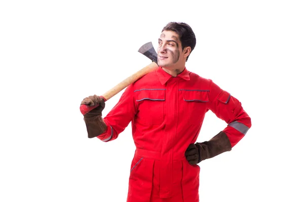 Contractor employee with axe on white background — Stock Photo, Image