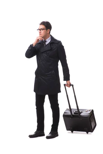 Jonge zakenman met koffer klaar voor zakenreis op wit — Stockfoto