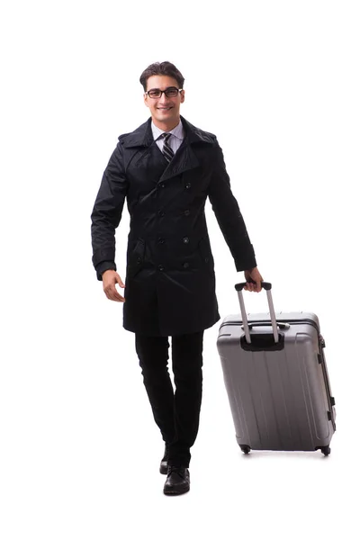 Jovem empresário com mala pronta para viagem de negócios em branco — Fotografia de Stock