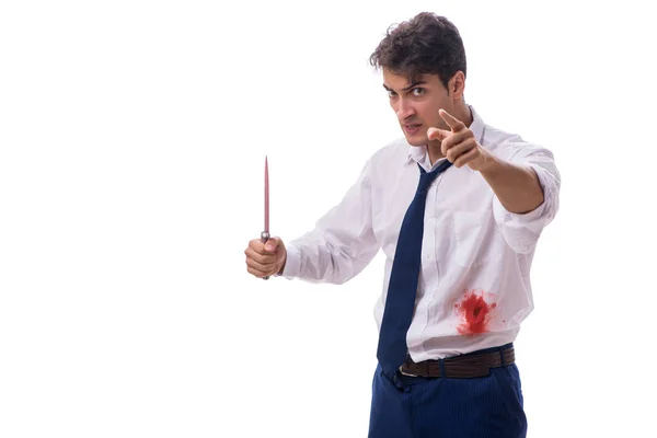 Hombre de negocios herido con manchas de sangre aisladas en el fondo blanco — Foto de Stock