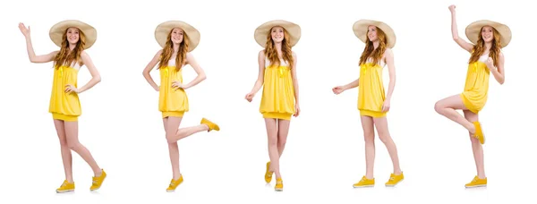 Young woman in yellow summer dress isolated on white — Stock Photo, Image