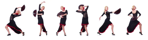 Frau tanzt spanischen Tanz isoliert auf weiß — Stockfoto