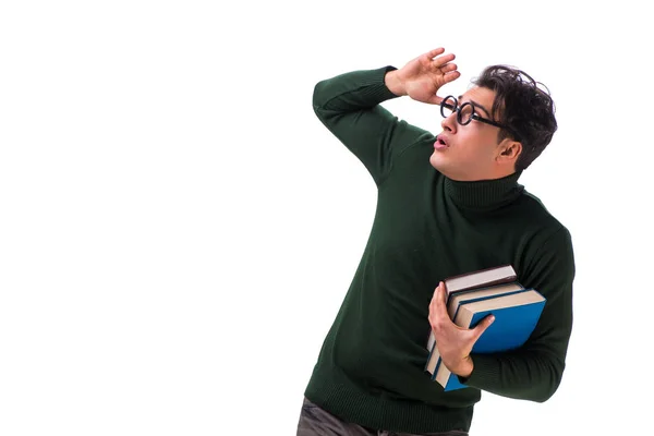 Nerd junge Studentin mit Büchern auf Weiß — Stockfoto