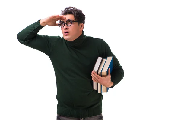 Jovem estudante nerd com livros isolados em branco — Fotografia de Stock