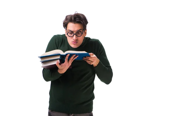 Nerd giovane studente con libri isolati su bianco — Foto Stock