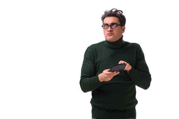 Jovem nerd com calculadora isolada em branco — Fotografia de Stock