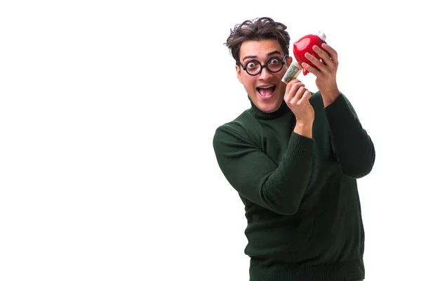 Nerd junger Mann mit Sparschwein isoliert auf weiß — Stockfoto