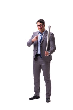 Beyzbol sopalı bir iş adamı beyazda izole edilmiş.