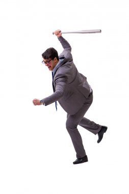 Beyzbol sopalı bir iş adamı beyazda izole edilmiş.