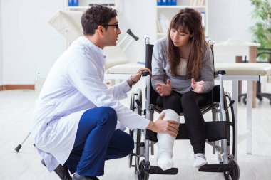 Erkek doktor tekerlekli sandalyedeki kadın hastayı muayene ediyor.