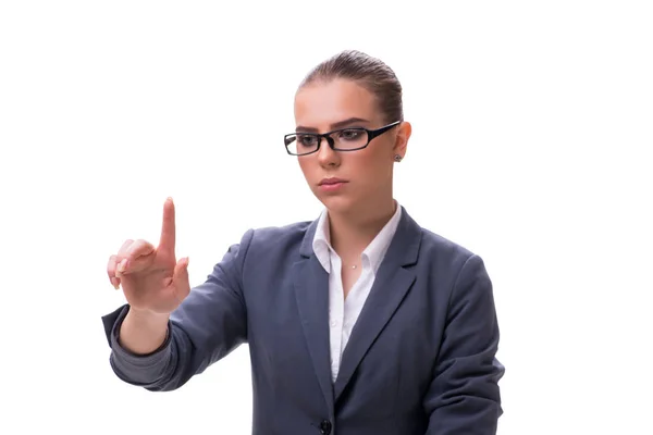 Junge Geschäftsfrau drückt virtuellen Knopf auf Weiß — Stockfoto