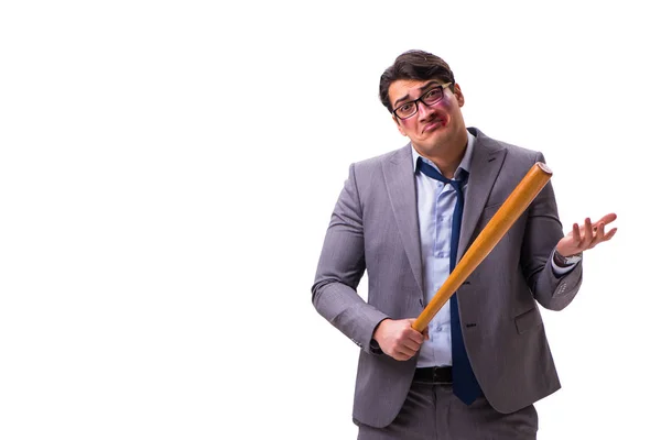 Empresário com bastão de beisebol isolado em branco — Fotografia de Stock