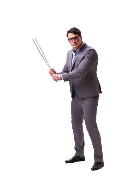 Businessman with baseball bat isolated on white