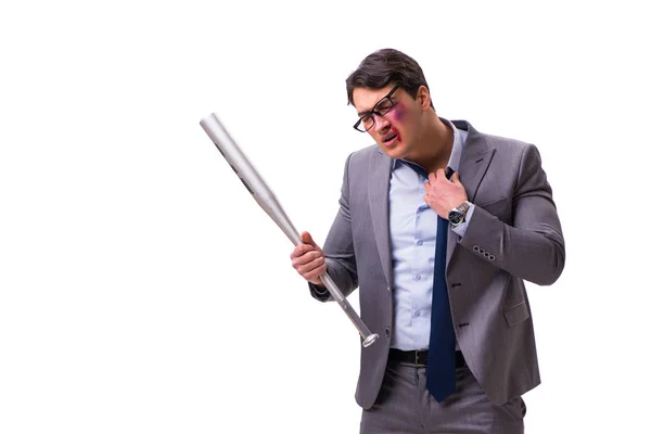 Businessman with baseball bat isolated on white