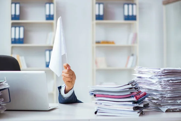 Businessman throwing white flag and giving up — Stock Photo, Image