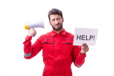 Tulumlu ve mesajı beyaz üzerine izole edilmiş bir adam.