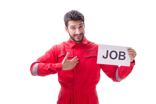 Man in coveralls with message isolated on white — Stock Photo, Image