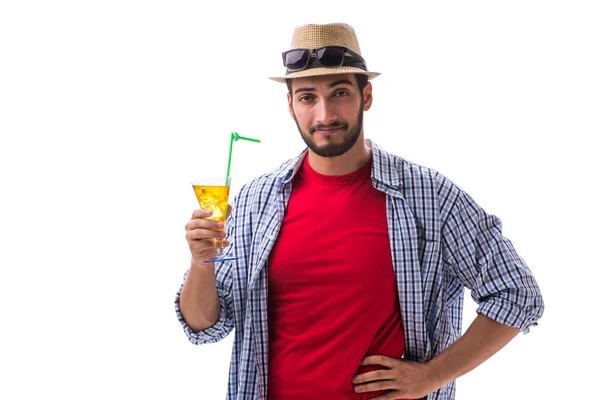 Grappige jongeman met cocktail geïsoleerd op wit — Stockfoto