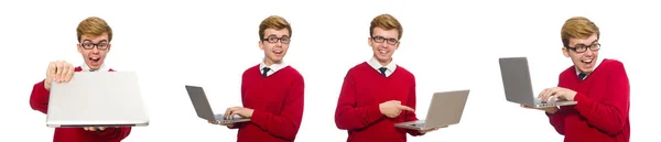 Studente utilizzando computer portatile isolato su bianco — Foto Stock