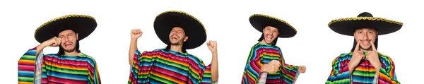 Bonito homem em poncho vívido isolado em branco — Fotografia de Stock