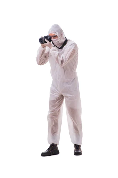 Forensic specialist in protective suit taking photos on white — Stock Photo, Image