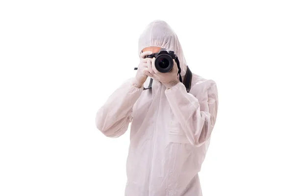 Forensic specialist in protective suit taking photos on white — Stock Photo, Image