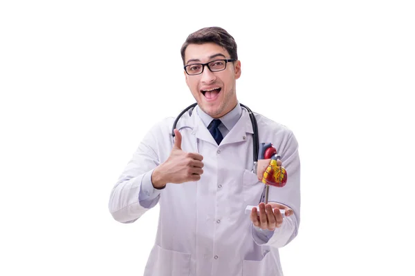 Young doctor with heart shape isolated on white — Stock Photo, Image