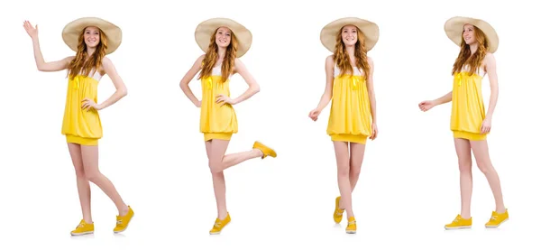 Young woman in yellow summer dress isolated on white — Stock Photo, Image