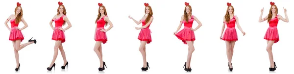Kaunis nuori malli mini vaaleanpunainen mekko eristetty valkoinen — kuvapankkivalokuva
