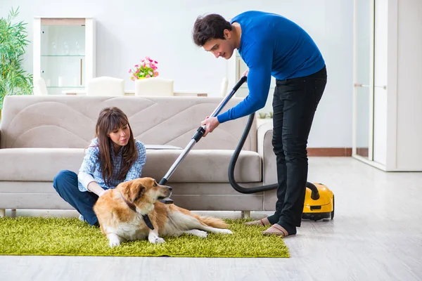 Husband cleaning house from dog fur